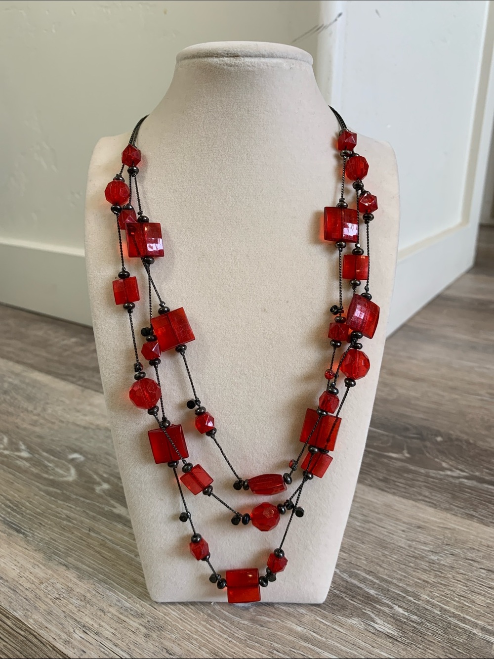 Three-Strand Red Bead Statement Necklace
